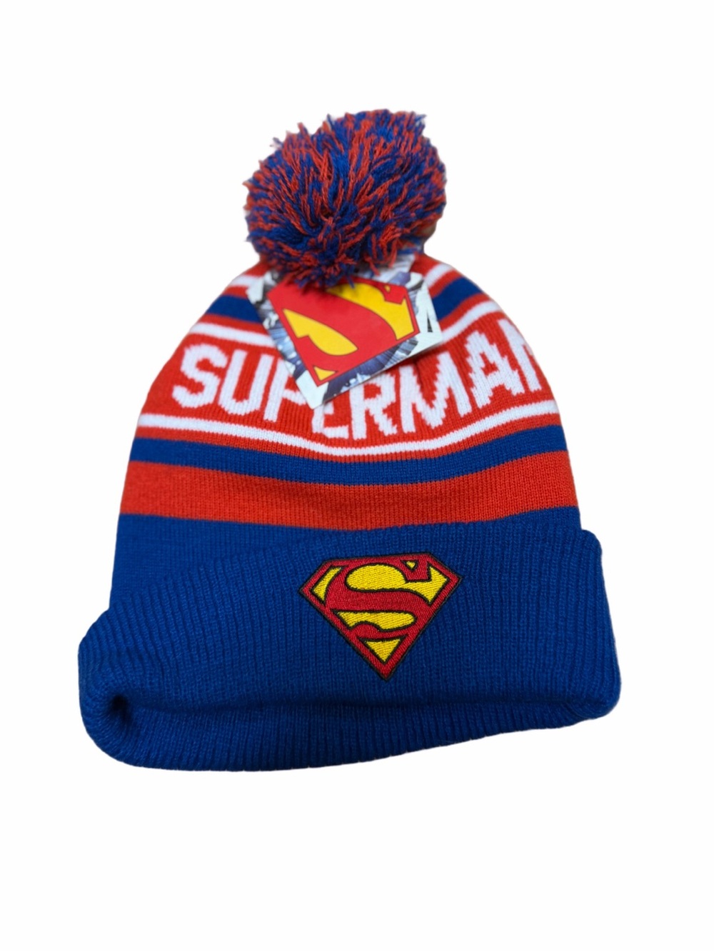 DC Comics Kids One Size Blue Red Superman Logo Winter Pom Cuffed Knit Beanie NWT